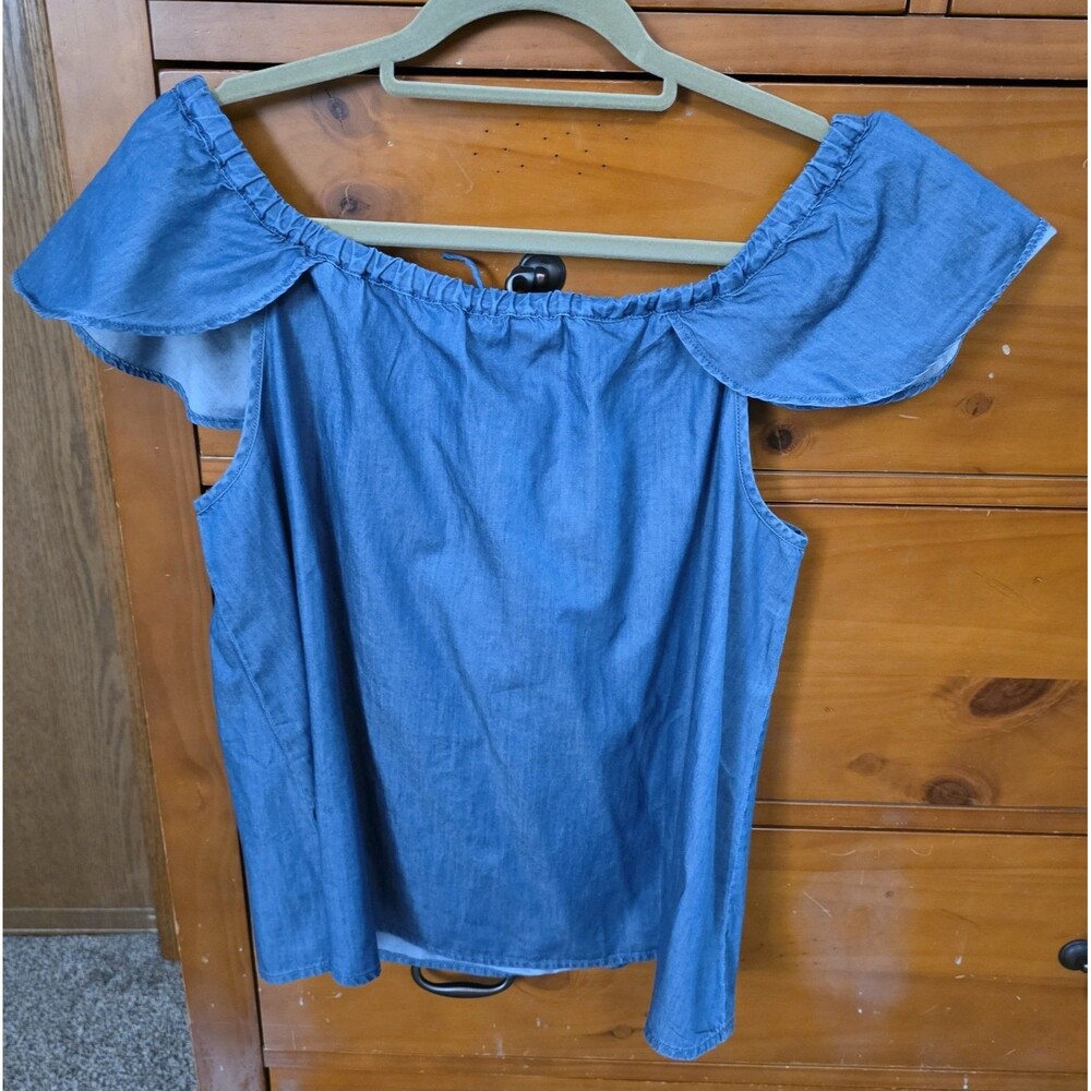 NWT J. Crew Top Chambray Flutter Sleeve Size Medium Blue Scoop Neck Drawstring